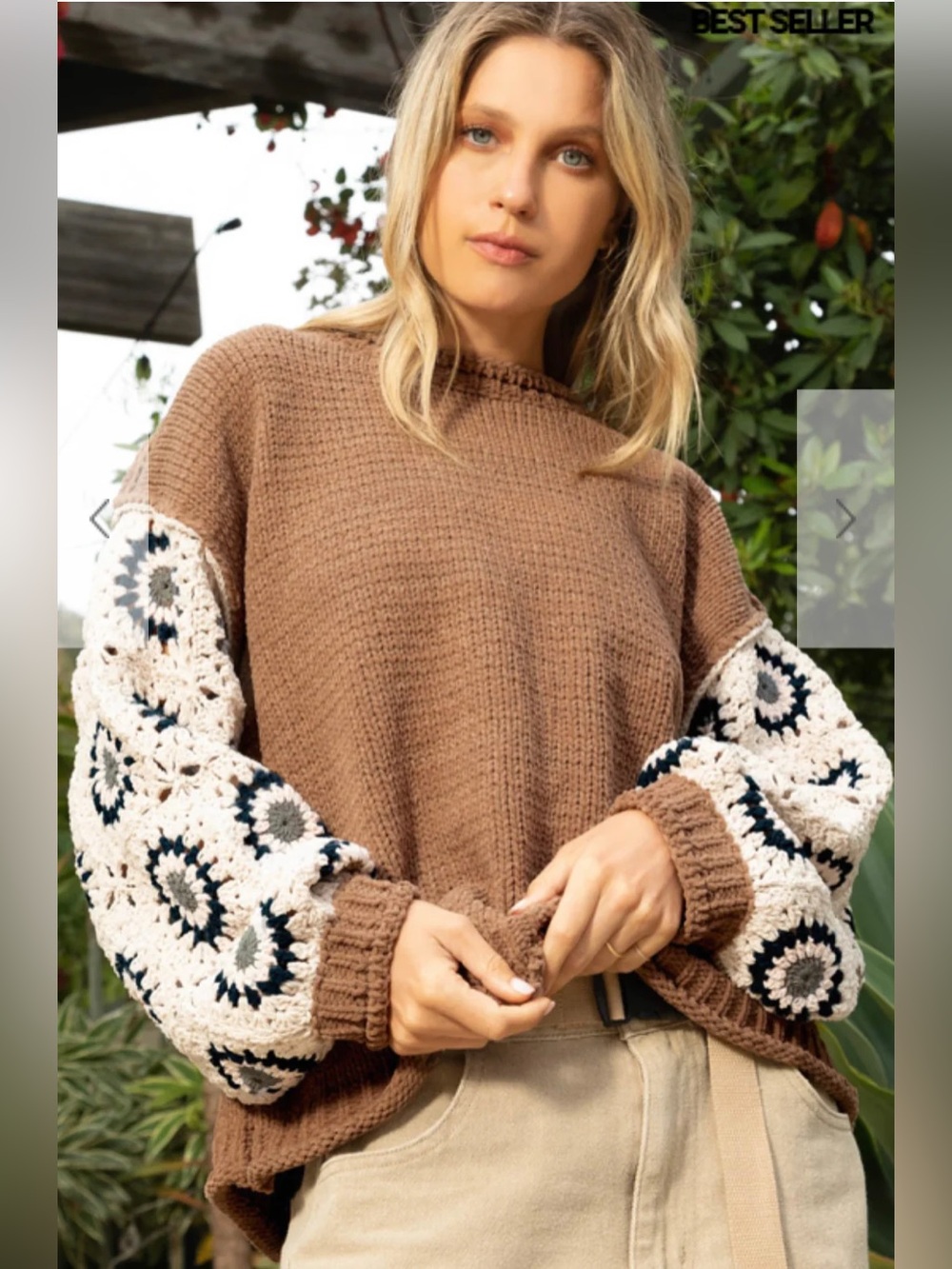 POL Boho Chic Brown Knit Sweater with Crochet Cream & Black Floral Sleeves